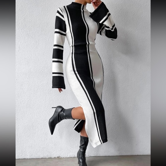 Cozy Striped Pattern Slit Hem Sweater Dress - Picture 6 of 6